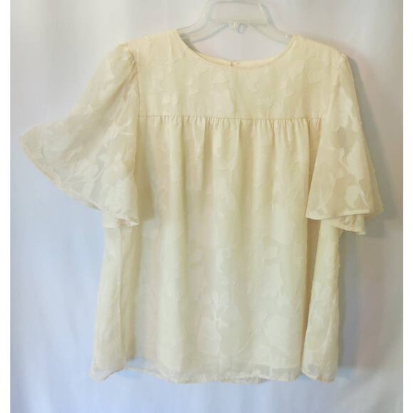 FLORAL OVERLAY Top Flutter Sleeves Size L Women Short Sleeve Lined Cream Boho - Picture 2 of 11